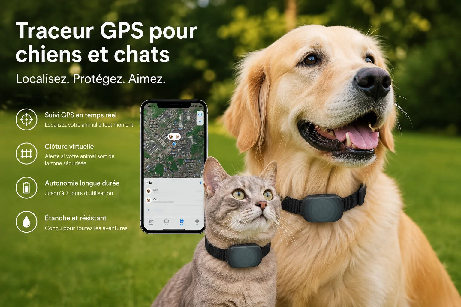 Collier GPS Intelligent sans Abonnement pour Chien et Chat - Traceur d'Activité